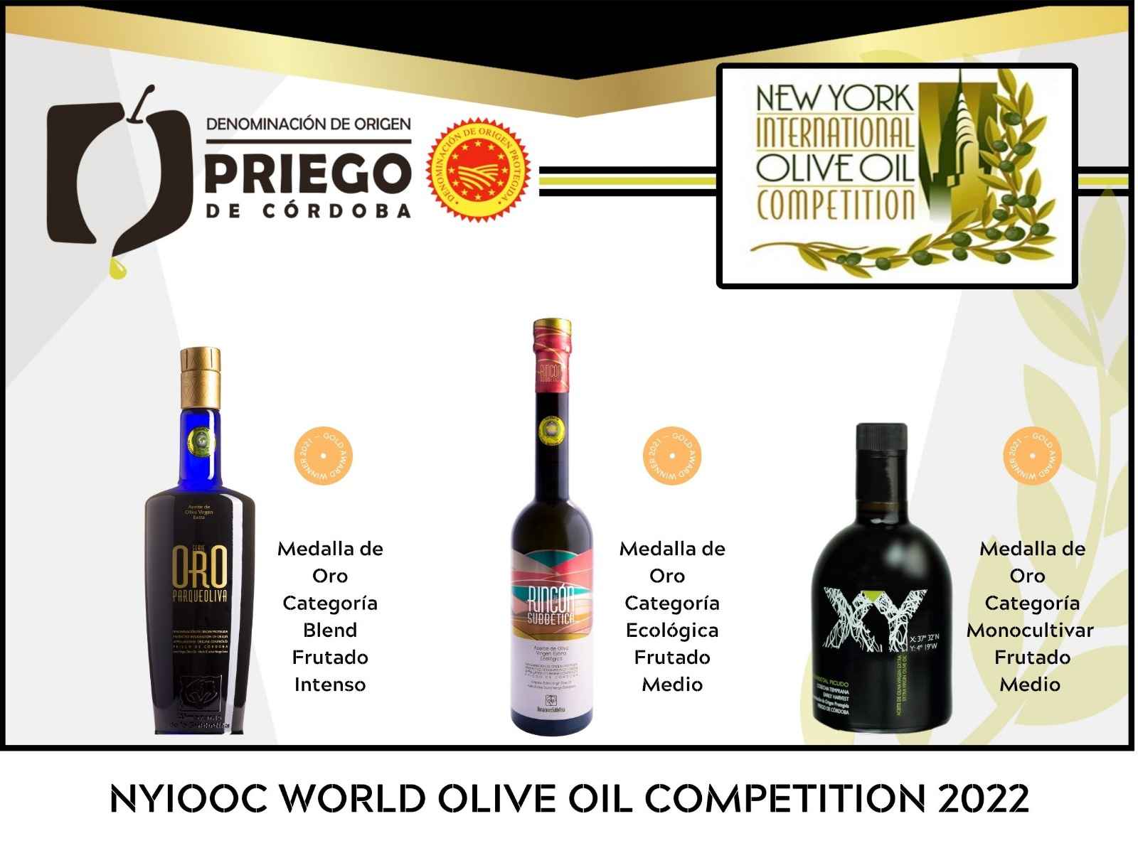 Imagen de los tres aceites premiados.