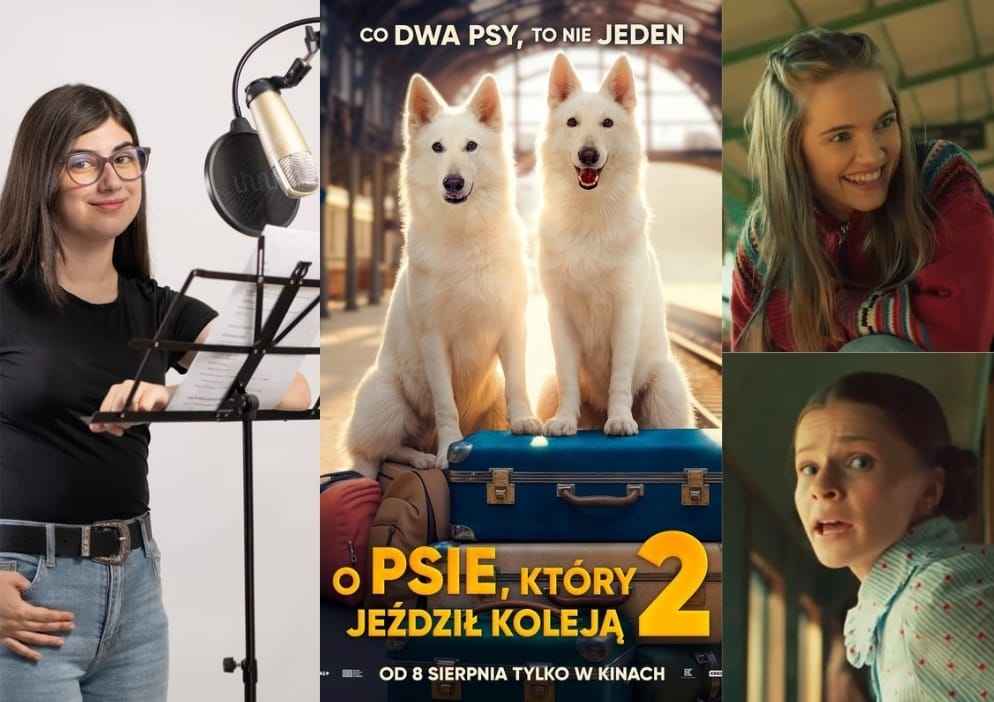 Vanessa Marín junto al cartel de la película y las dos actrices a las que pone su voz en España.