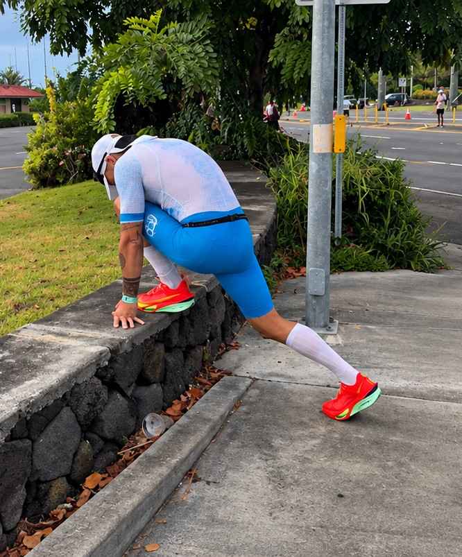 Chema Jiménez estira durante la maratón.