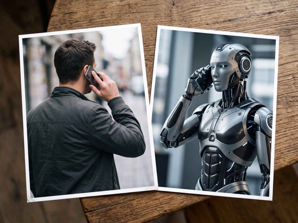 Un hombre y un robot hablando por teléfono.