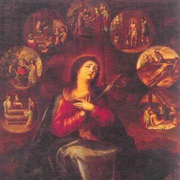 Nuestra Señora del Mayor Dolor, oleo sobre lienzo, Nicolas Rodriguez Xuarez, iglesia de San Francisco, Priego, tomado de “La  pasion de la Virgen” F. Moreno Cuadrado. Obra Social y Cultural Cajasur, Cordoba 1994